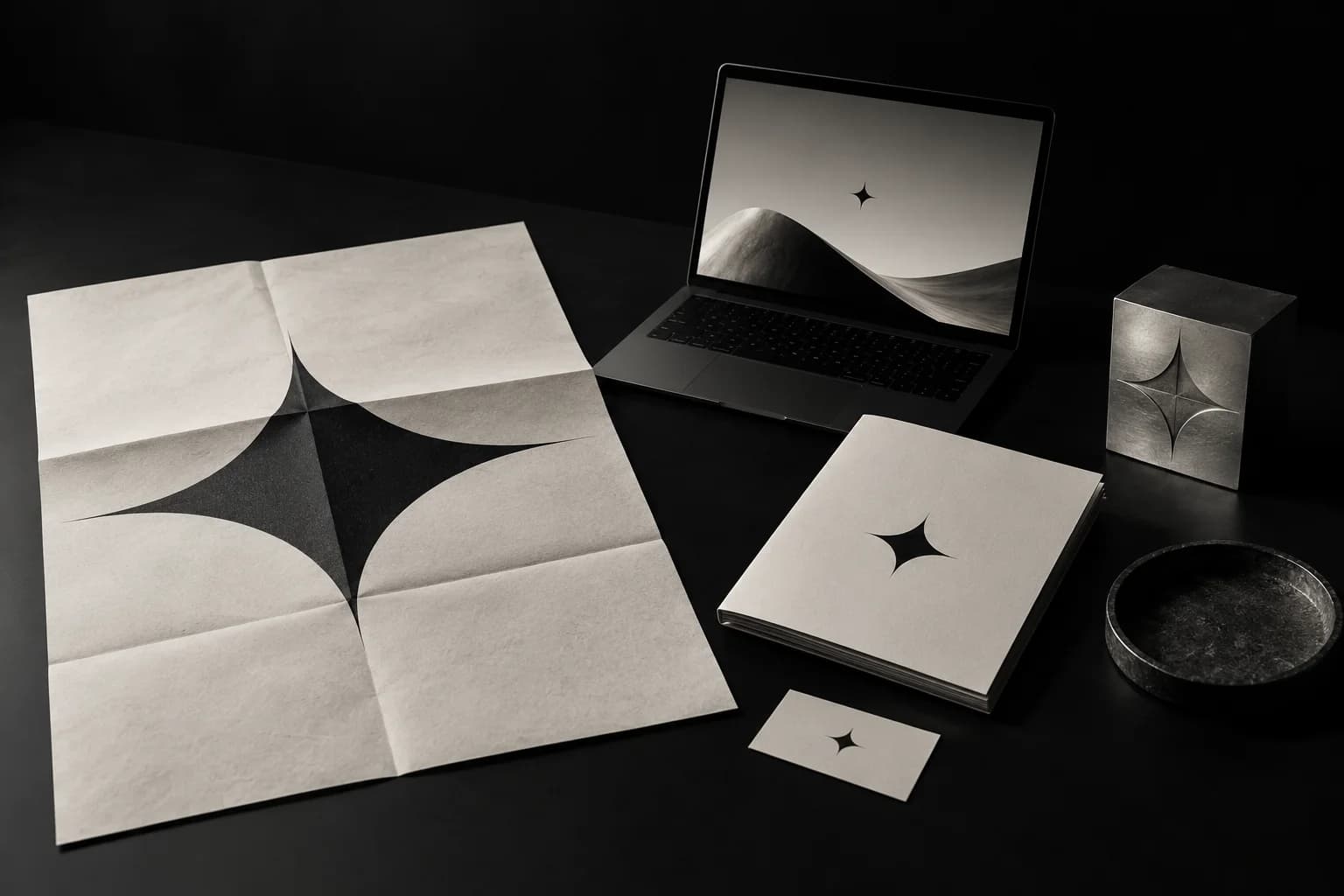 Un kit de lancement monochrome réunissant présentation, papeterie et écran avec un signe commun.