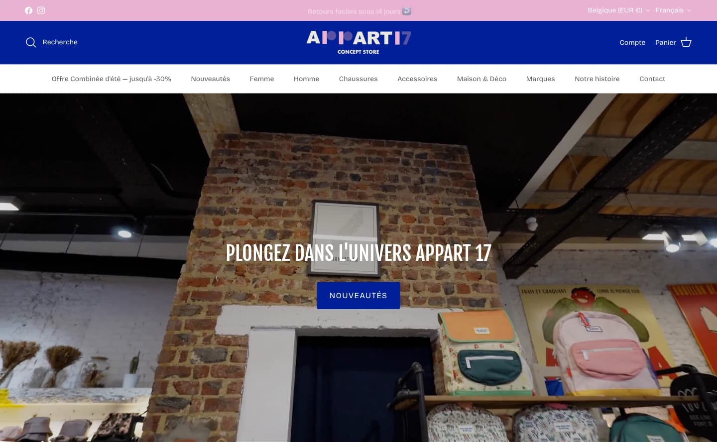 Page d'accueil du site Shopify Appart17