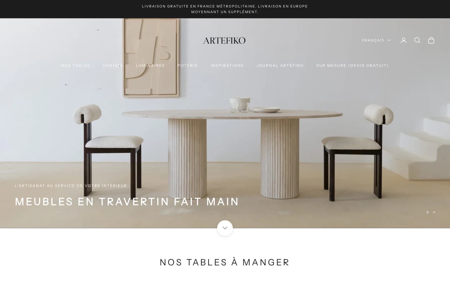 Page d'accueil du site Shopify Artefiko