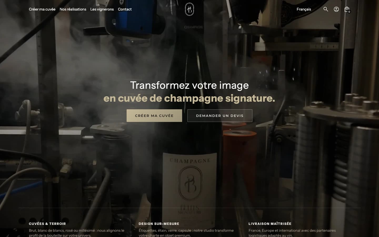 Page d'accueil du site Shopify Bulles Signature