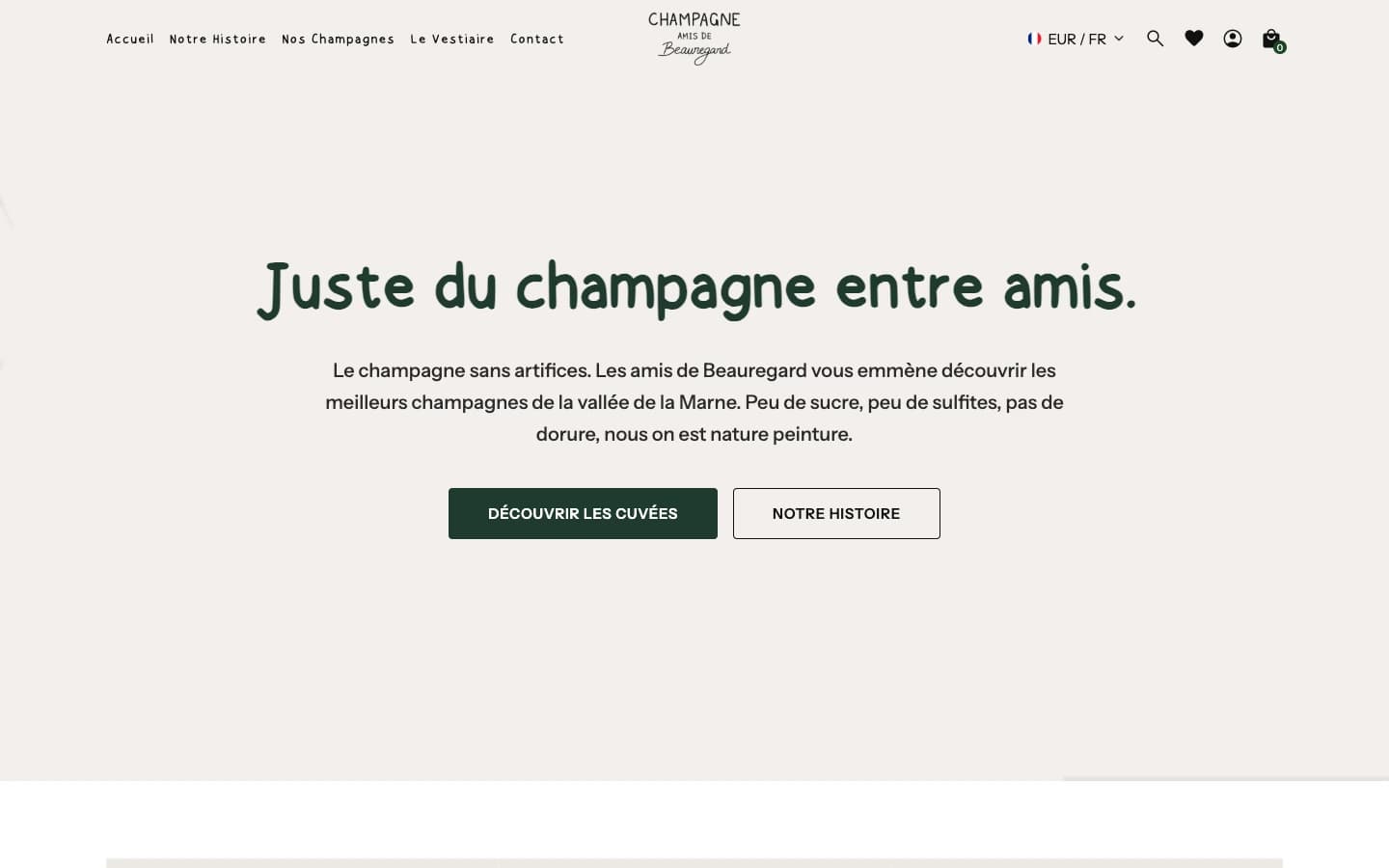 Page d'accueil du site Shopify Champagne Amis de Beauregard