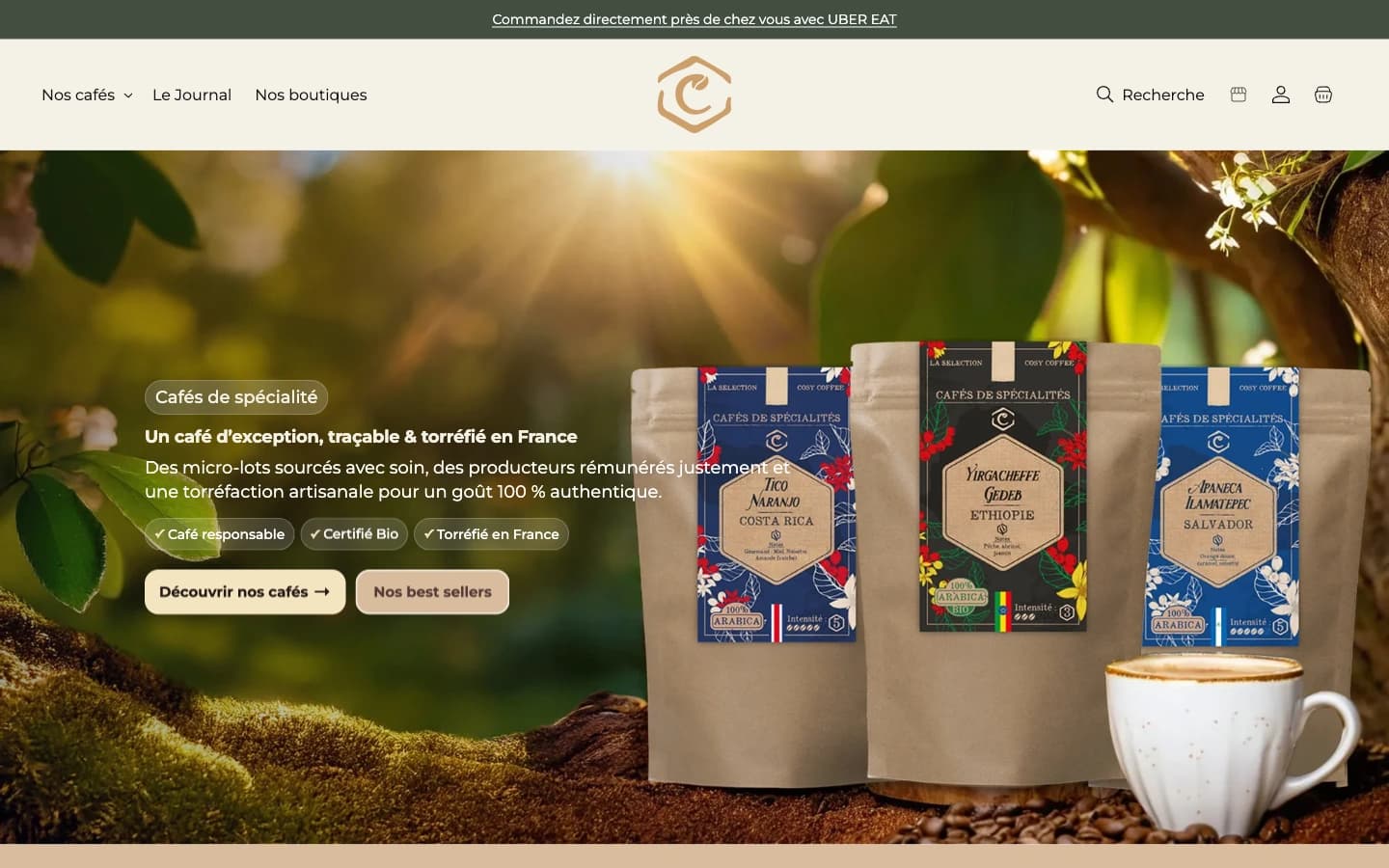 Page d'accueil du site Shopify Cosy Coffee