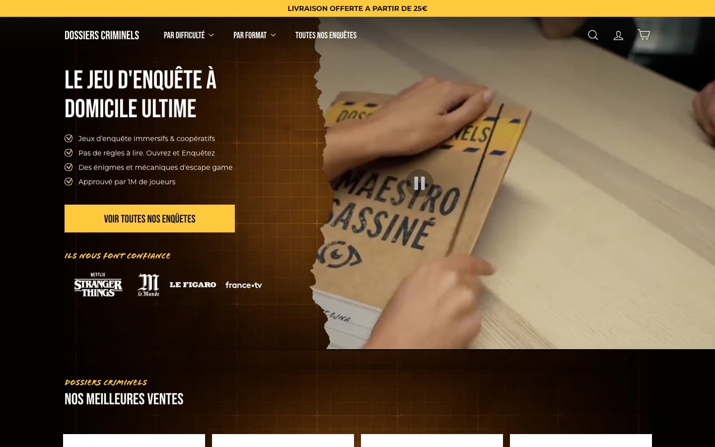Page d'accueil du site Shopify Dossiers Criminels