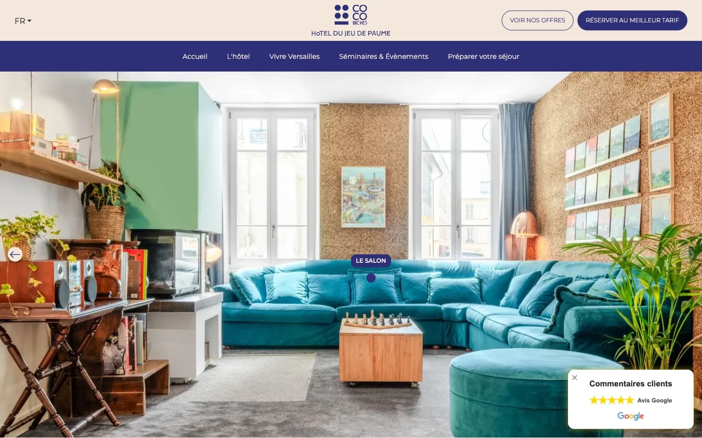 Page d'accueil du site vitrine Hotel Jeu de Paume