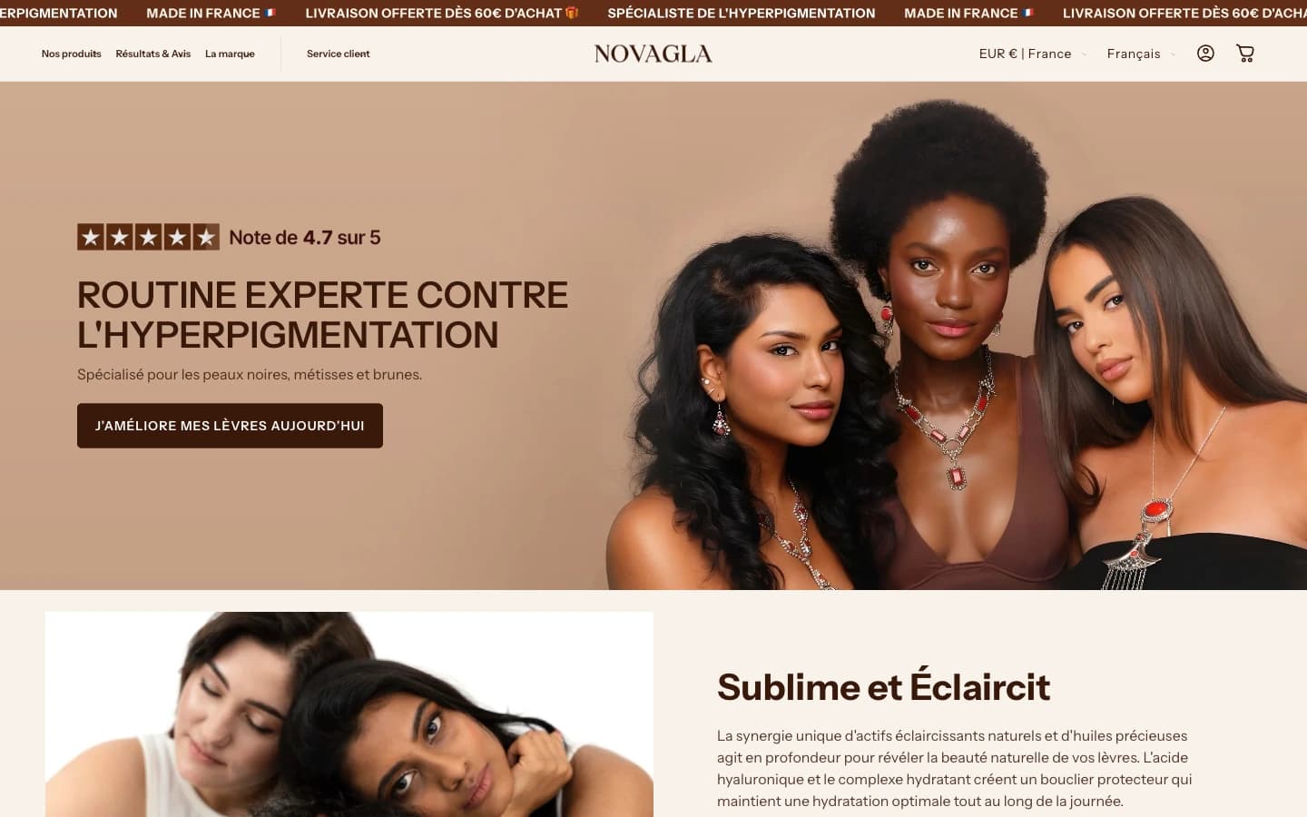 Page d'accueil du site Shopify Novagla