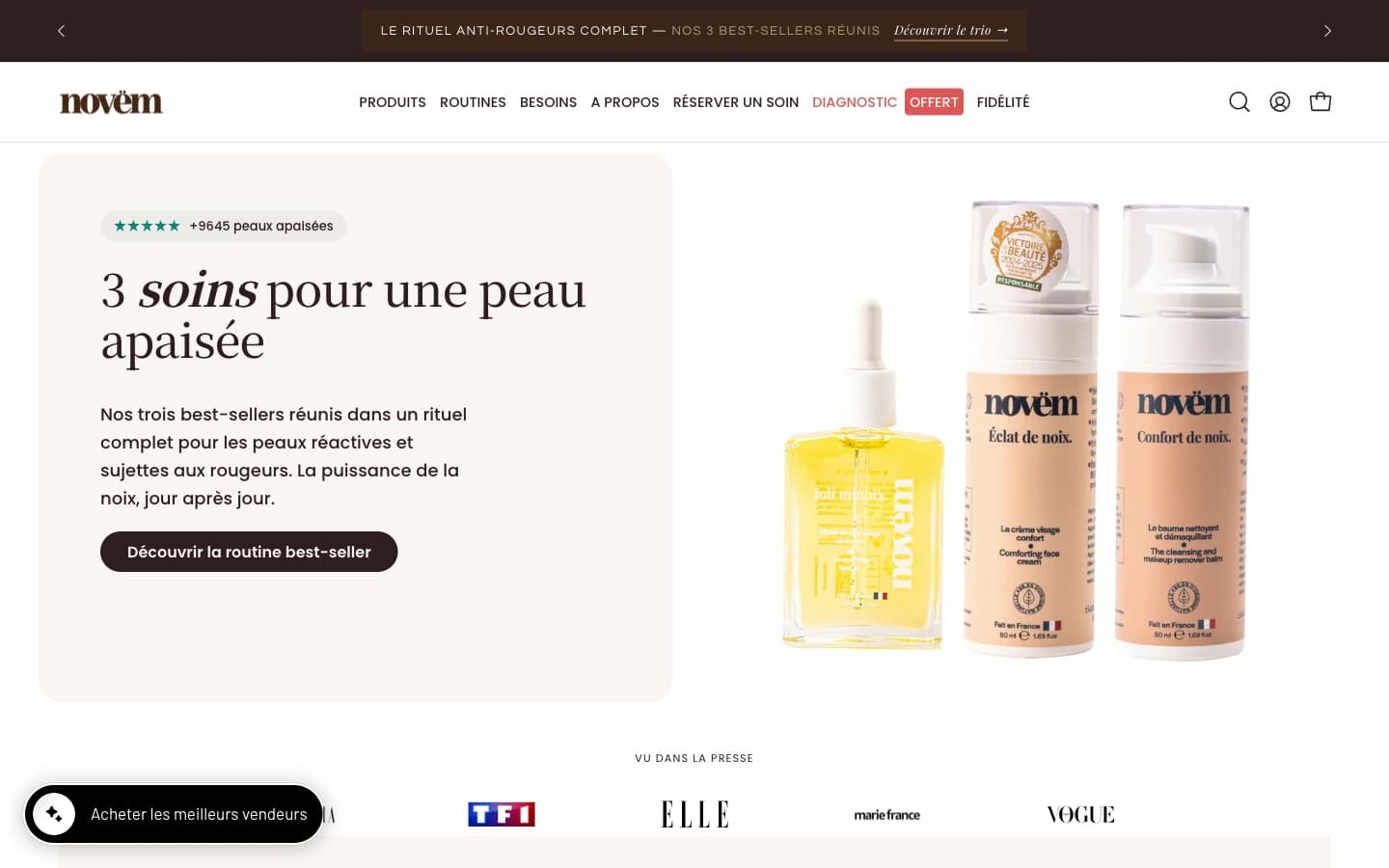 Page d'accueil du site Shopify Novemlab