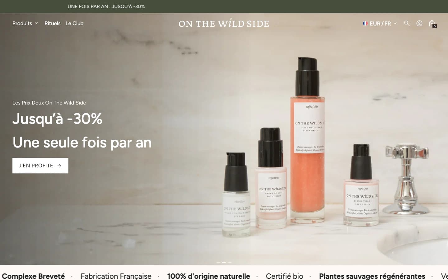 Page d'accueil du site Shopify On The Wild Side