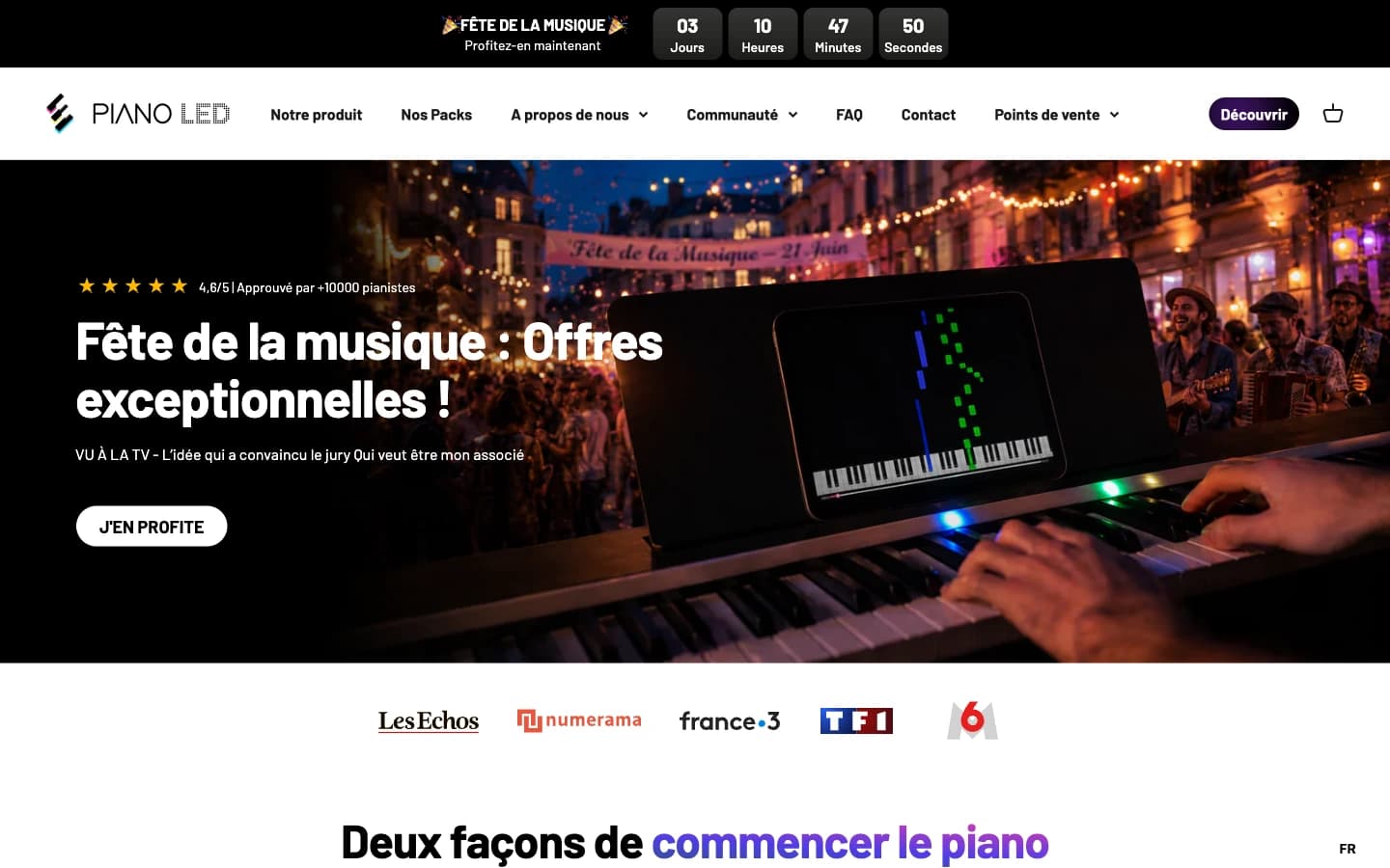 Page d'accueil du site Shopify Piano LED Shop